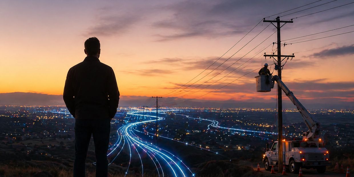 A man watches a worker repair power lines at sunset with light trails on the road below.