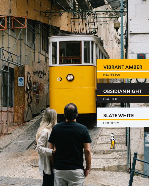 A couple watches a yellow tram in a narrow street with color swatches.