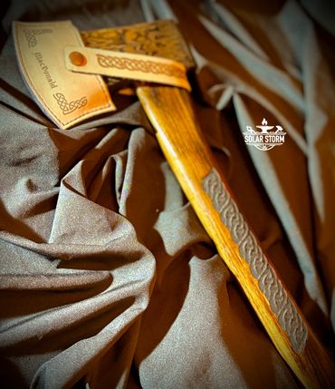 Custom Damascus Axe in sheath and habdke by Bob Bryenton Alberta Bladesmith