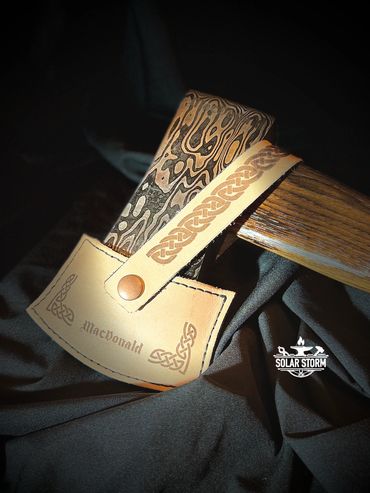 Custom Damascus Axe in sheath by Bob Bryenton Alberta Bladesmith