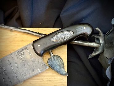 Alberta custom bladesmith damascus chefs knife ebony handle with meteorite inlay