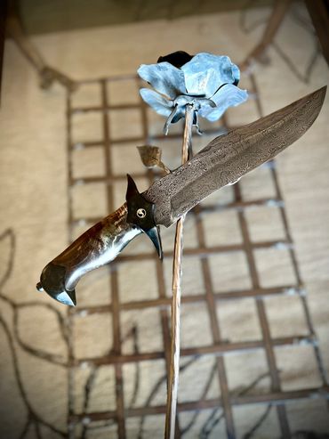 Alberta bladesmith's 10" damascus fighter bowie knife