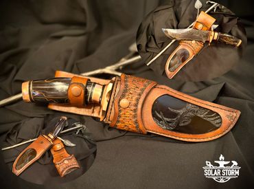CuMai Copper Damascus knife leather sheath by Custom Albert Bladesmith Solar Storm Bob Bryenton