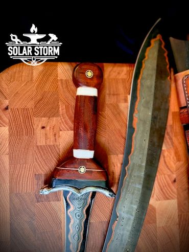 Dagger handle CuMai damascus Kopis sword by Custom bladesmith in Alberta Canada