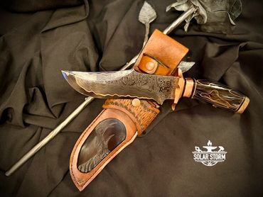 CuMai Copper Damascus knife leather sheath by Custom Albert Bladesmith Solar Storm Bob Bryenton