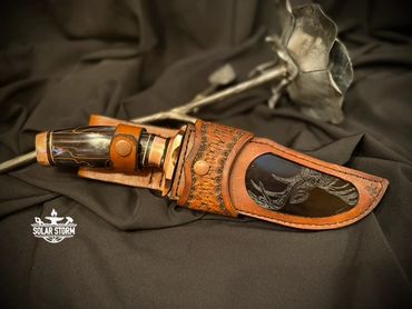 CuMai Copper Damascus knife leather sheath by Custom Albert Bladesmith Solar Storm Bob Bryenton
