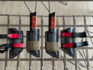 matching Custom cumai damascus tanto.  Traditional and cross draw kydex sheaths accented paracord