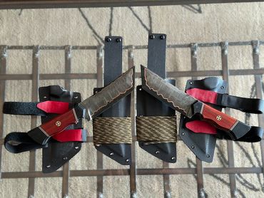 blades and sheaths Custom cumai damascus tanto.  Traditional cross draw kydex accented paracord