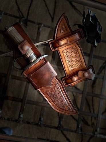 Take down Bowie blade with ring guard elk antler handle. A hunter that will wow everyone at camp