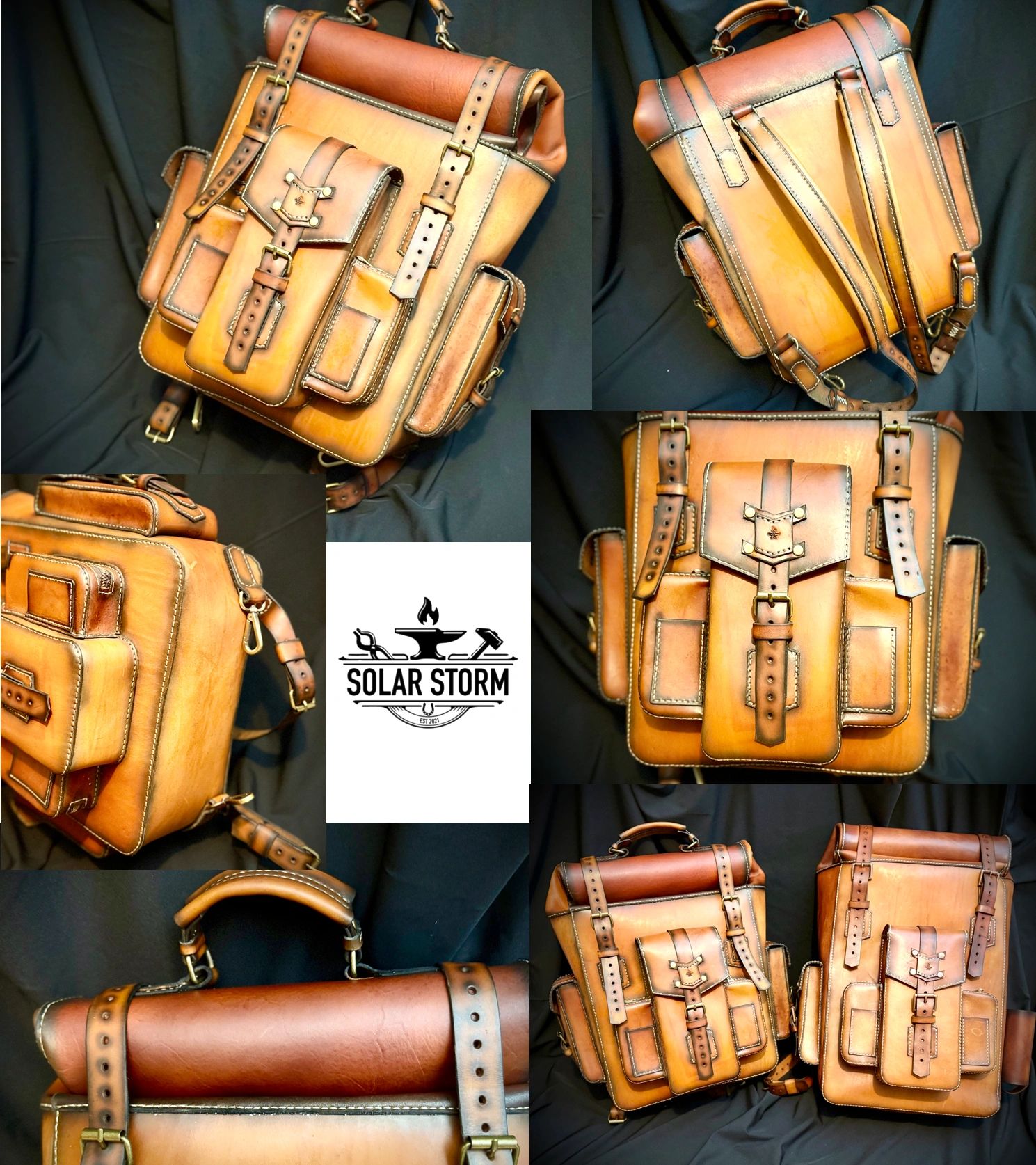 hand stitched, hand made leather roll top backpack