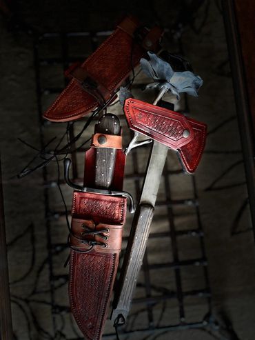 10" bowie with S guard and coffin frame handle. matching set tomahawk