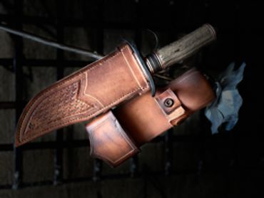 in sheath Take down Bowie blade with ring guard elk antler handle. frog removed