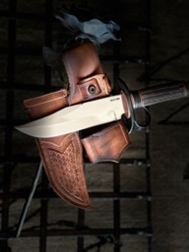 Take down Bowie blade with ring guard elk antler handle. frog and sheath removed