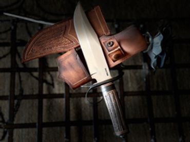 left side Take down Bowie blade with ring guard elk antler handle. Cross draw and traditional carry