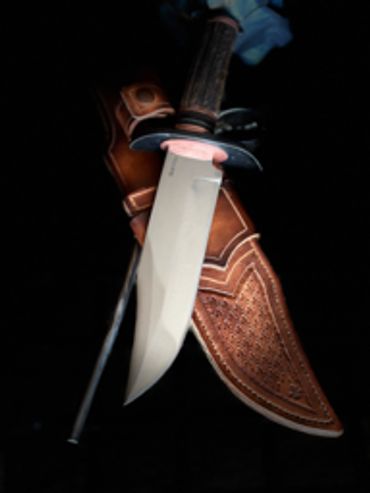 left side Take down Bowie blade with ring guard elk antler handle. Cross draw and traditional carry