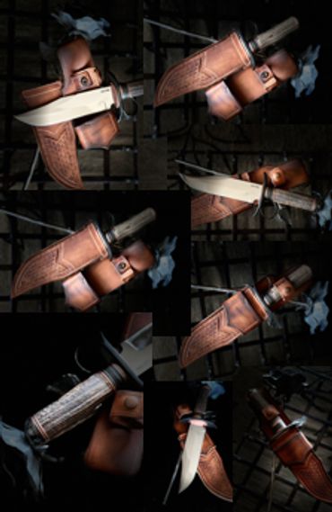 composite shot ofTake down Bowie blade with ring guard elk antler handle.