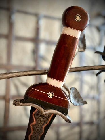 Mosaic Pin on CuMai Damascus dagger by Custom bladesmith in Alberta, Canada