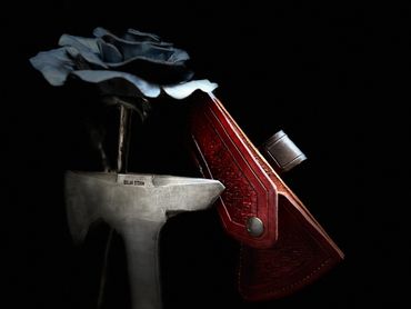 Tomahawk to match 10" bowie with S guard and coffin frame handle. Scout carry sheath and traditional