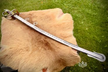 M1902 Damascus Sabre Sword in scabbard by Custom Alberta Canada Bladesmith