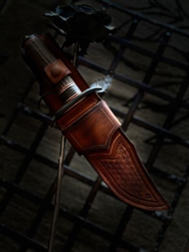 in sheath Take down Bowie blade with ring guard elk antler handle. Cross draw and traditional carry