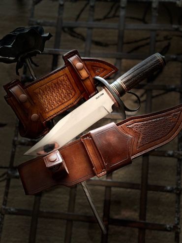 full shot Take down Bowie blade with ring guard elk antler handle. Scout and traditional carry