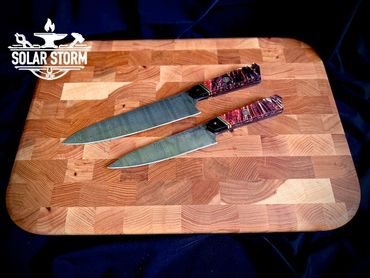 2 ladder pattern damascus chef's knives by Custom Alberta Bladesmith