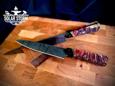 2 ladder pattern damascus chef's knives by Custom Alberta Bladesmith