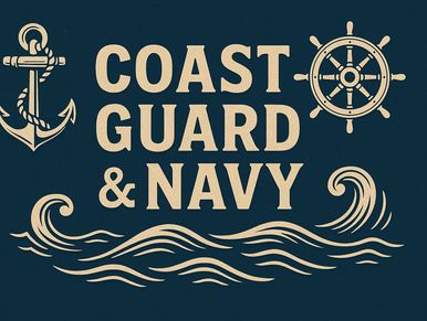 Vintage Coast Guard and Navy design with anchor, ship wheel, and waves.