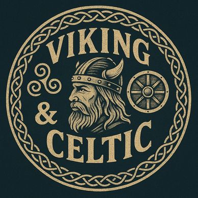 Vintage Viking and Celtic emblem with a horned helmet and intricate knot border.