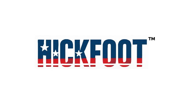 HICKFOOT logo with blue, red colors and white stars on a white background.