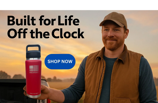 Man holding a red Hickfoot bottle with a sunset background and a 'Shop Now' button.