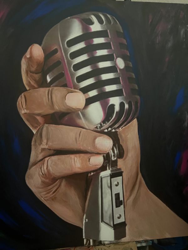 “Magic Mic” acrylic on canvas 40”x40” hand holding old school microphone completed in 2023