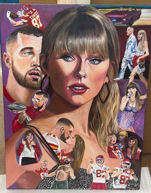 “Beauty & The Beast” 40”x30” acrylic on canvas features Taylor Swift & Travis Kelce’s relationship.