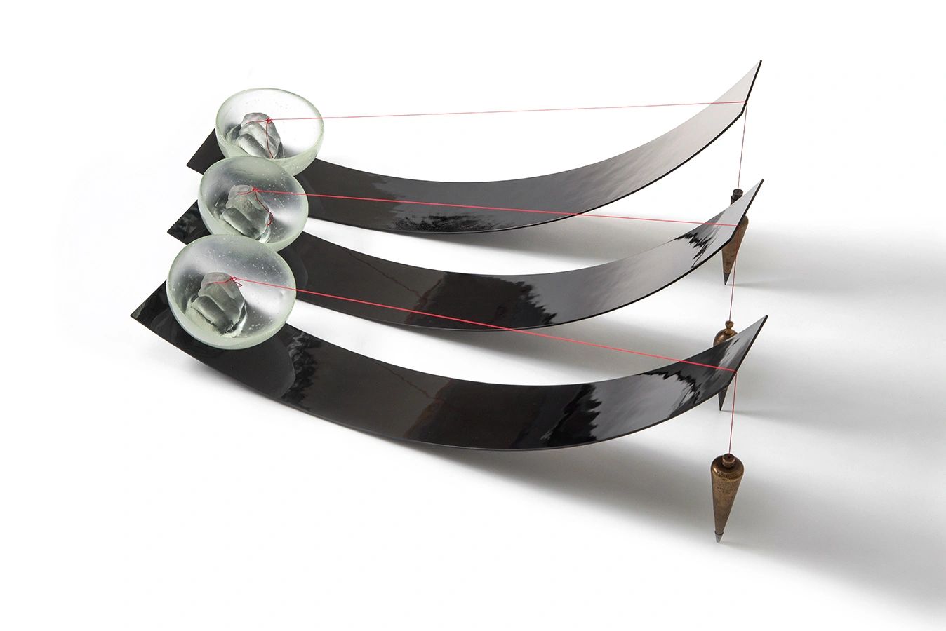 Anchored in Equipoise 2015 lost wax cast glass, slumped glass, silk & found brass plumb bobs