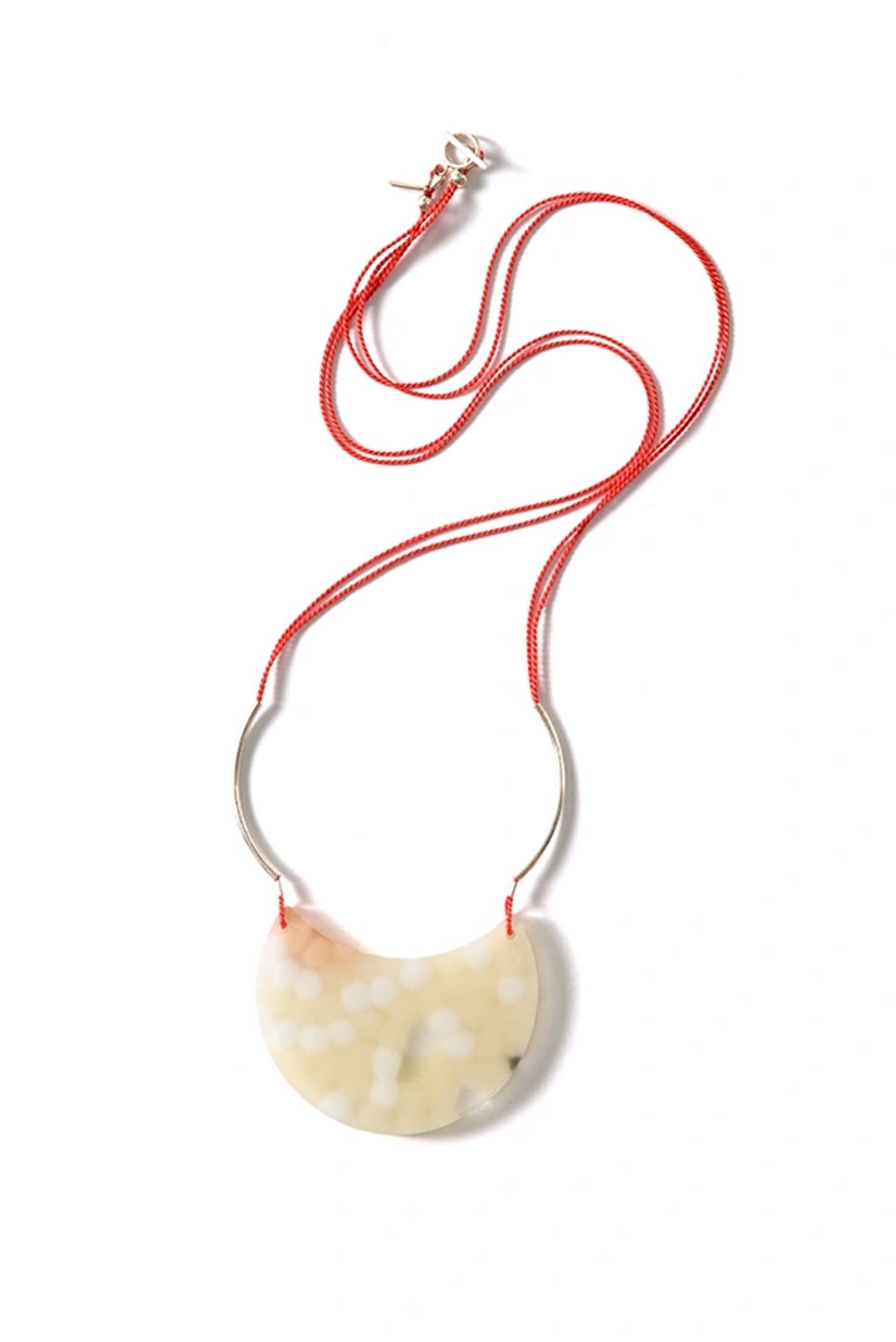 Three Quarter Moon Neckpiece, fused and ground glass on silk with sterling silver findings.