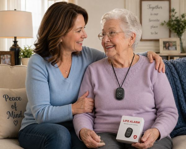 Two women smiling, one holding a life alarm device.