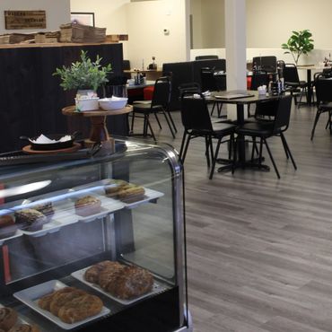 pastries in a display case in a dining room