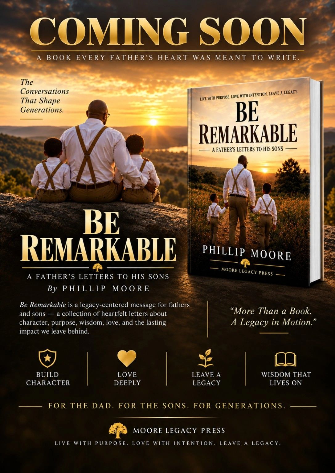 Be Remarkable by Phillip Moore: book artwork featuring a father and his sons.