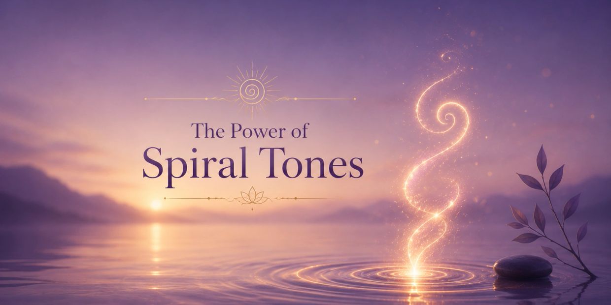 A glowing spiral rises from water at sunset with the text 'The Power of Spiral Tones'.