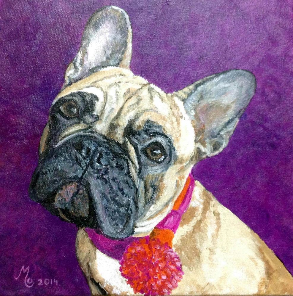Painting of a French Bulldog with a colorful scarf on a purple background.
