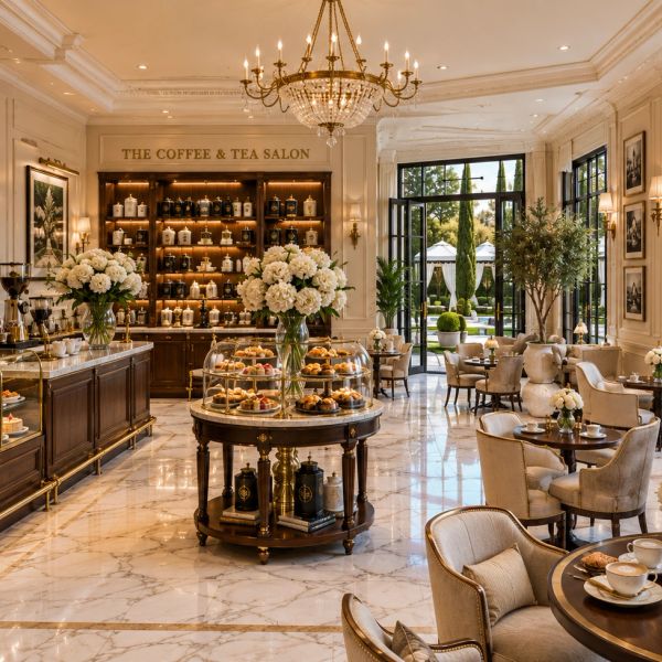 Elegant coffee and tea salon with marble floors and floral decor.