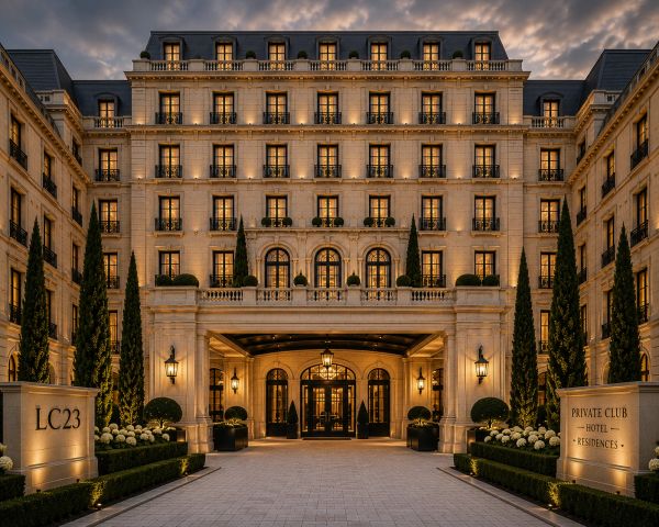 Elegant, warmly lit hotel entrance at dusk with symmetrical architecture and manicured greenery.
