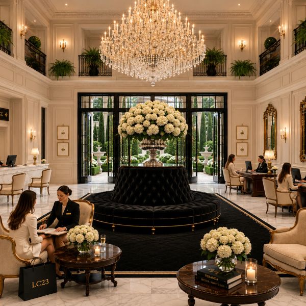 Elegant hotel lobby with chandelier, floral arrangements, and guests conversing.