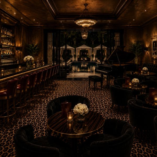 Luxurious dimly lit bar with elegant seating and grand piano.
