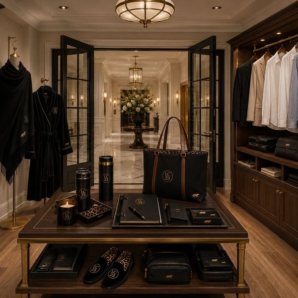 Luxury walk-in closet with branded accessories and clothing.