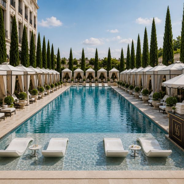 Elegant outdoor pool with cabanas and loungers under clear sky.