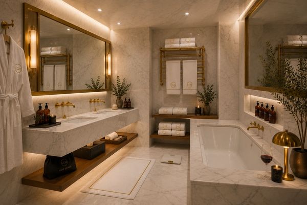 Elegant marble bathroom with gold accents and warm lighting.
