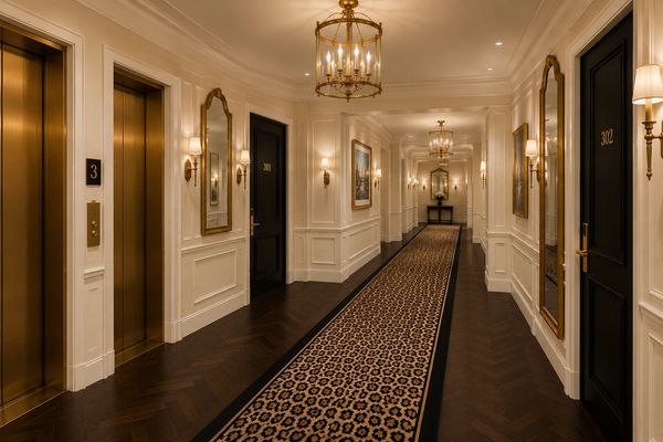 Elegant hotel corridor with chandeliers and elevators.