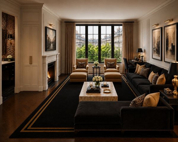 Elegant living room with large window and fireplace.