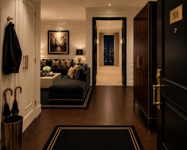 Luxurious hotel suite entrance with dark wooden decor and warm lighting.